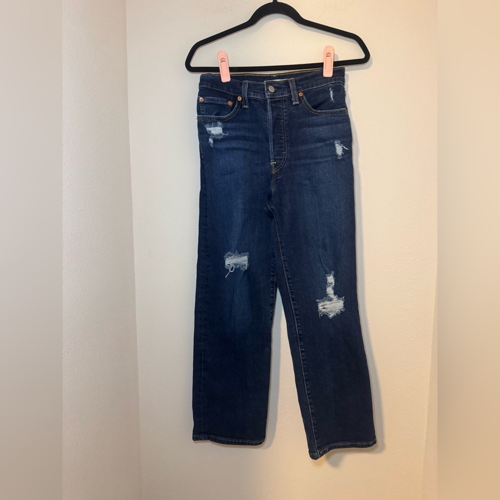 Levi's Dark Blue Distressed Ribcage Straight Ankle Jeans